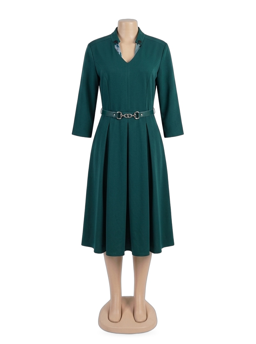 Emerald Green Pleated Belted Midi Dress